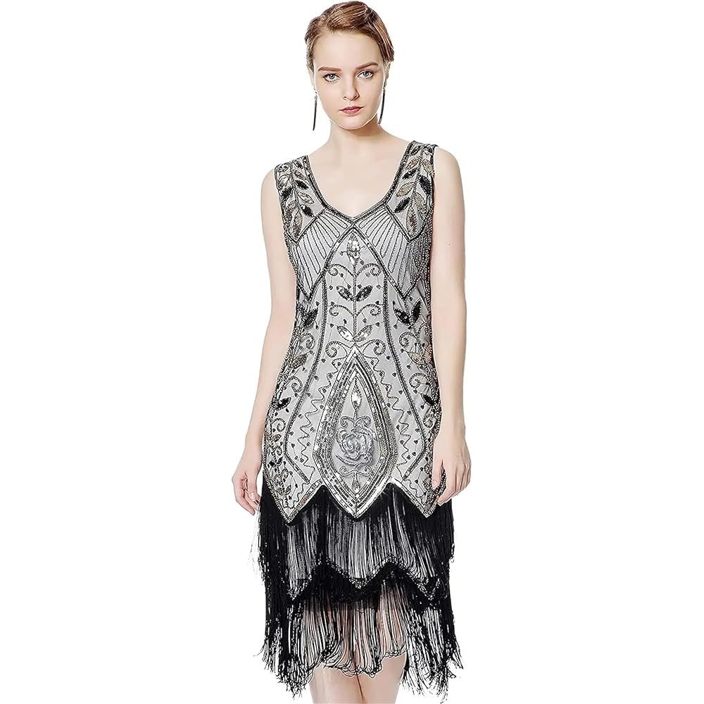 Metme Beaded Mesh Fringe Flapper XL Art Deco Gatsby Dress 20s Glam Grunge Fairy